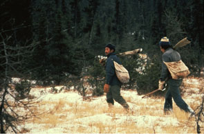 The late Ishpashtien Rich (front) and Shushep Mark hunting near Enakapeshakamau. Photo Nigel Markham, courtesy Innu Nation.