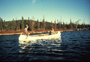 Shushep Mark and the late Ishpashtien Rich canoeing near Enakapeshakamau. Photo Nigel Markham, courtesy Innu Nation.