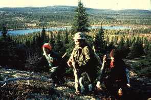 Gervais Penashue (left), Pinashue Penashue (centre), and Max Penashue (right) hunting near Enakapeshakamau. Photo Nigel Markham, courtesy Innu Nation.