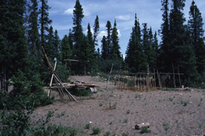 View of an Innu campsite at the mouth of Utshashumeku-shipiss showing habitation features. Photo courtesy Moira McCaffrey.