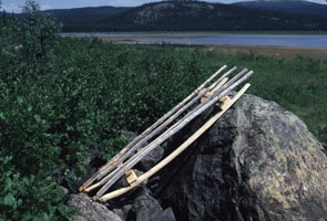 Sled cached at Innu camp at Atshiku-nipi. Photo courtesy Moira McCaffrey.