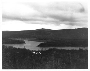 Junction of Kamikuakamiu-shipu and Mishikamau-shipu from the highground on Amatshuatakan. Photo courtesy Stephen Loring and the National Anthropological Archives, Smithsonian Institution.